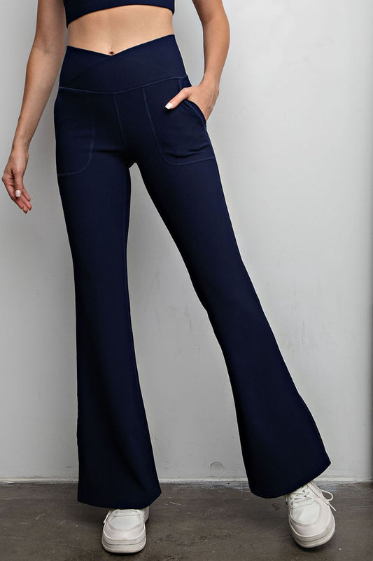 Rae Mode Nylon Rib V Waist Flared Leggings- Navy