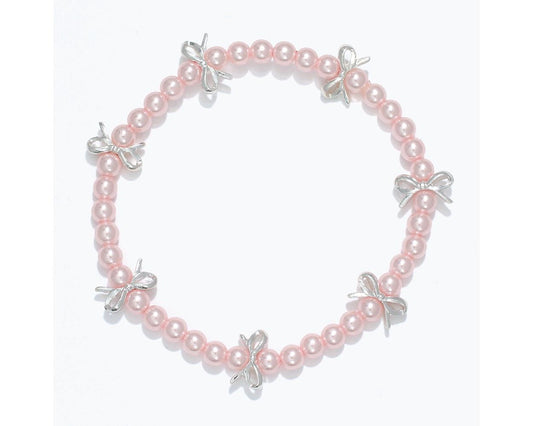 Little Love Pink Pearl Bracelet With Silver Bows