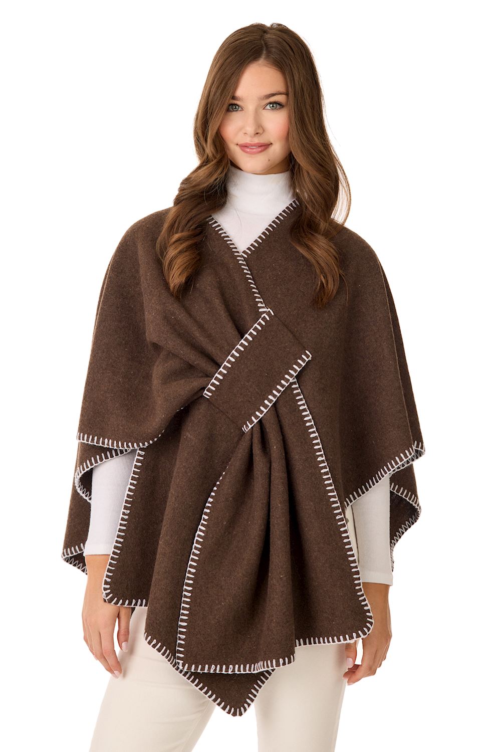 Mud Pie Brown Haywood Blanket Stitch Poncho