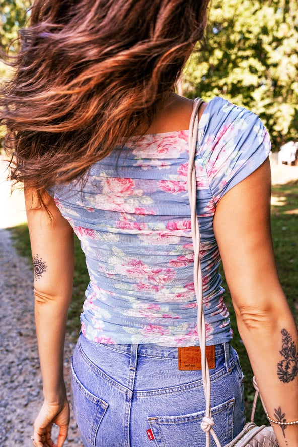Sky Blue Square Neck Ruched Floral Mesh Top