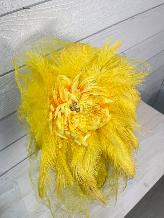 Bright Yellow Derby Hat With Feathers