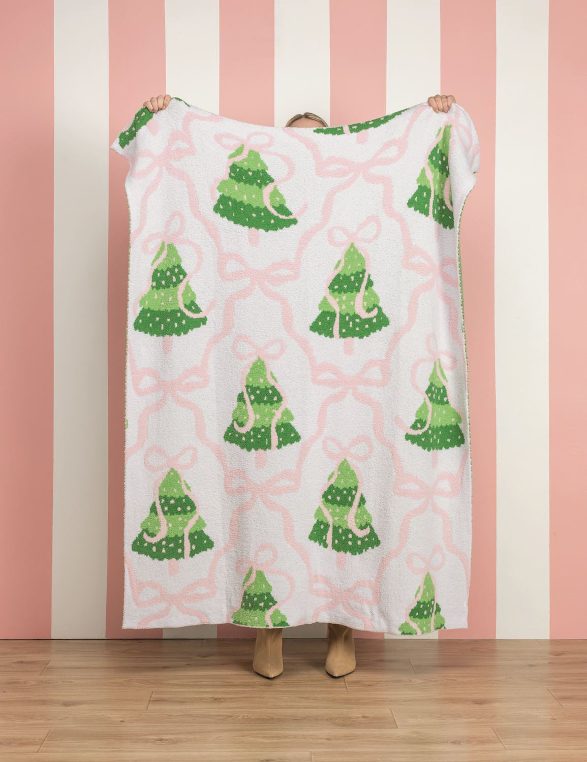 Mud Pie Pink Bow Tree Chenille Blanket