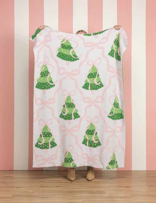 Mud Pie Pink Bow Tree Chenille Blanket