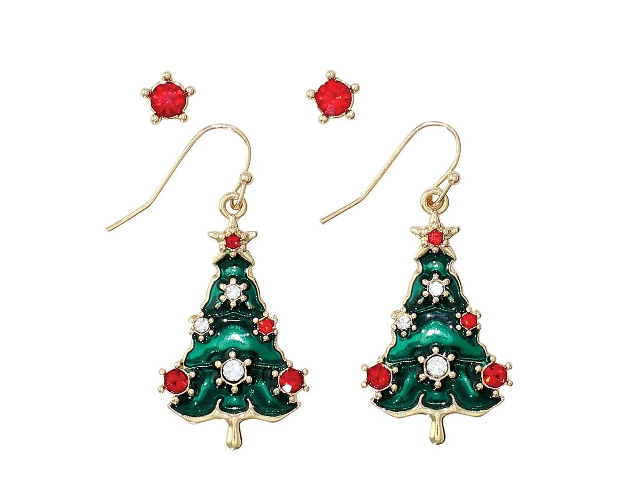 Green Tree With Red Stud Set Earrings