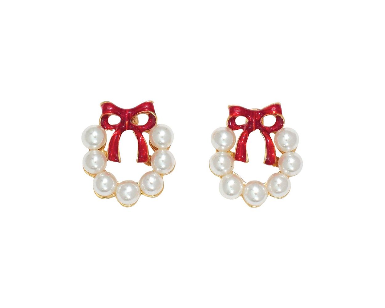 Pearl Wreath With Red Bow Earrings