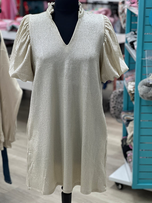 Champagne Ruffle V-Neck Puff Sleeve Mini Dress