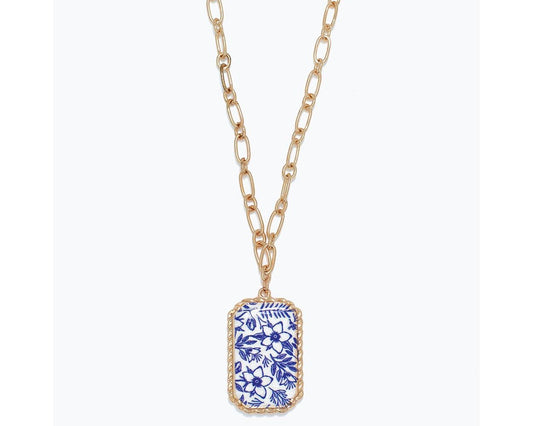 Gold Chain Necklace With Blue China Print Pendant