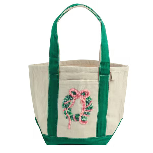 Mud Pie Christmas Wreath Beaded Mini Tote