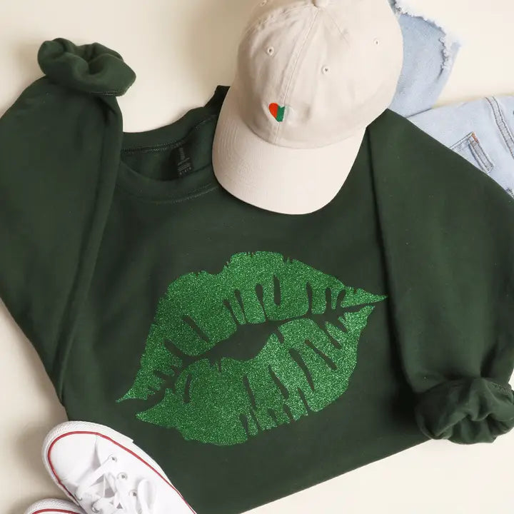 Forest Green Lucky Kiss Glitter Fleece Sweatshirt