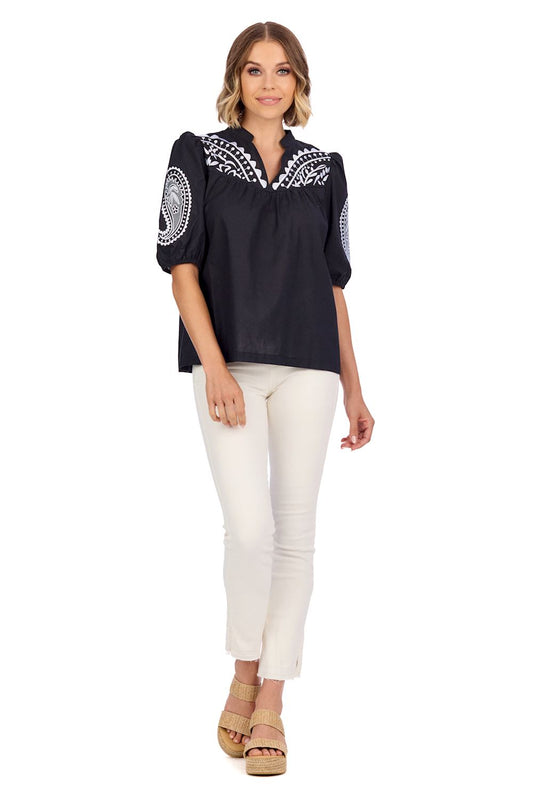 Mud Pie Humphrey Embroidered Top Black