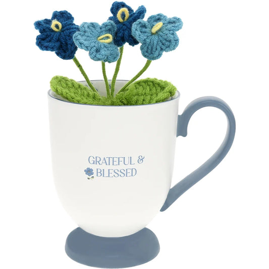 Grateful & Blessed 13 oz Cup with Crocheted Flowers