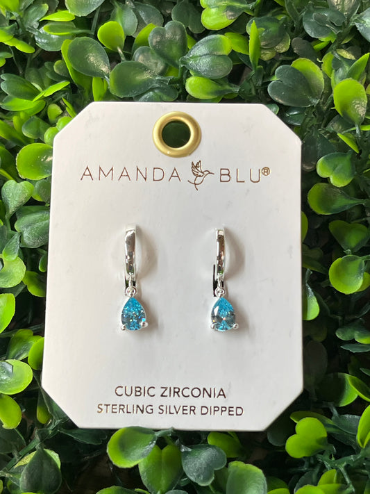 Silver Aquamarine Cubic Zirconia Pear Drop Huggie Earrings
