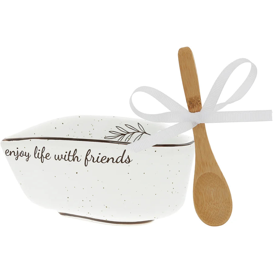 Ceramic Heart Bowl with Bamboo Spoon 4.5"- Enjoy Life With Friends