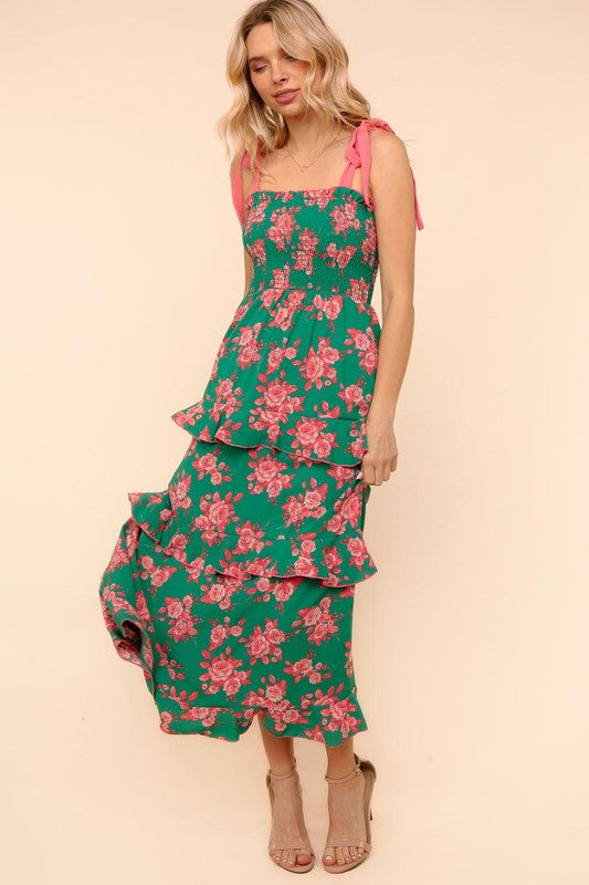 Green With Pink Floral Shoulder Strap Bow Tie Maxi Woven Dress