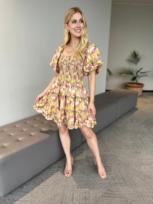 Pink & Yellow Floral Smocked Dress