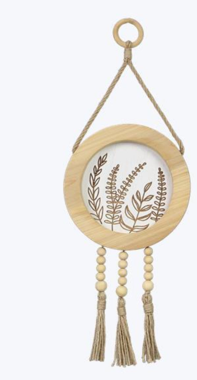 Wood Carved White Washed Beaded Tassel Wall Decor