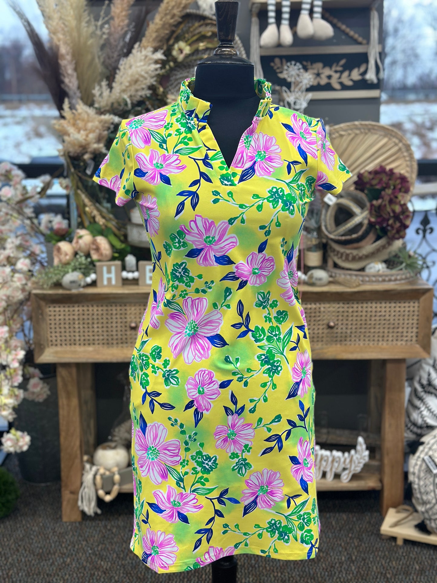 Sally Pleated Neckline Yellow Floral Dress