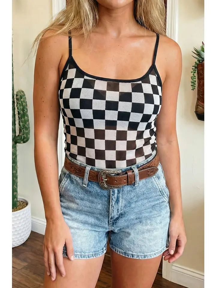 Sheer Checkered Print Spaghetti Straps Slim Tank Top