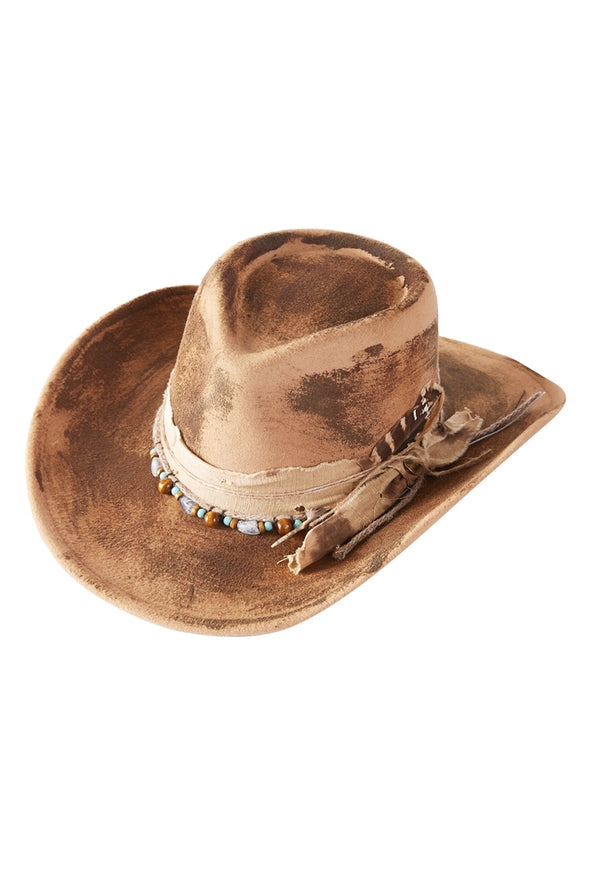 Distressed Western Beige Hat With Beads