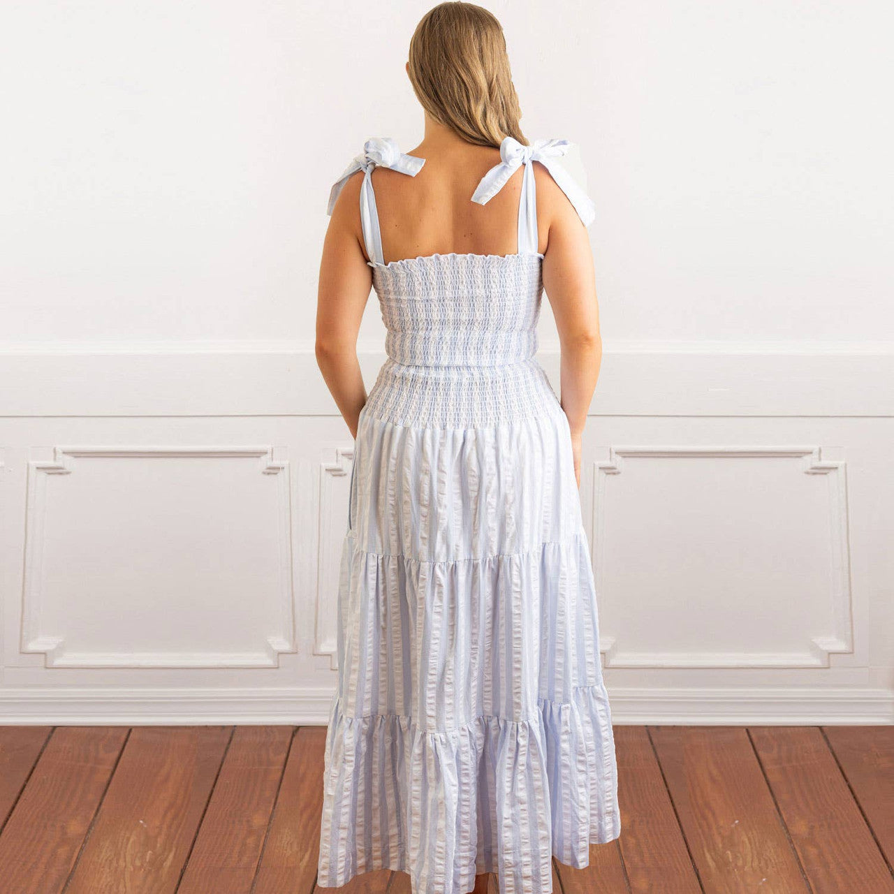 Blue & White Textured Stripe Smocked Tie Top & Skirt Set
