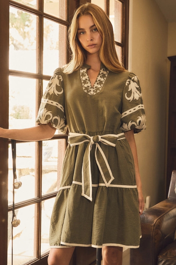 ODDI Embroidered Tiered Mini Dress