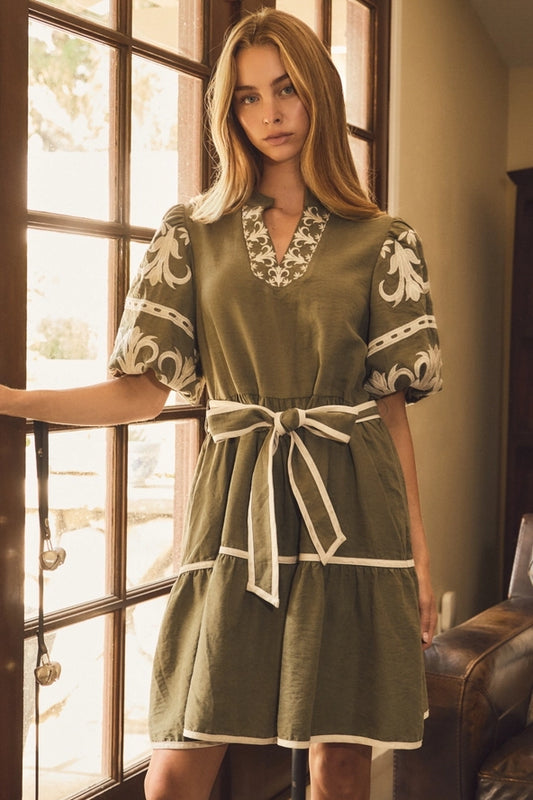 ODDI Embroidered Tiered Mini Dress