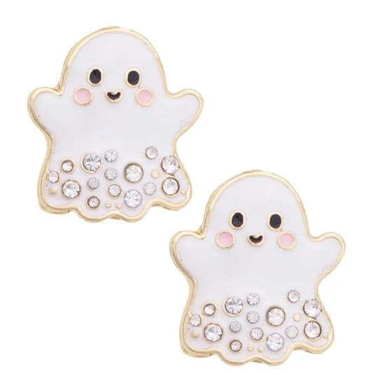Canvas Rhinestone Ghost Stud Earrings in White