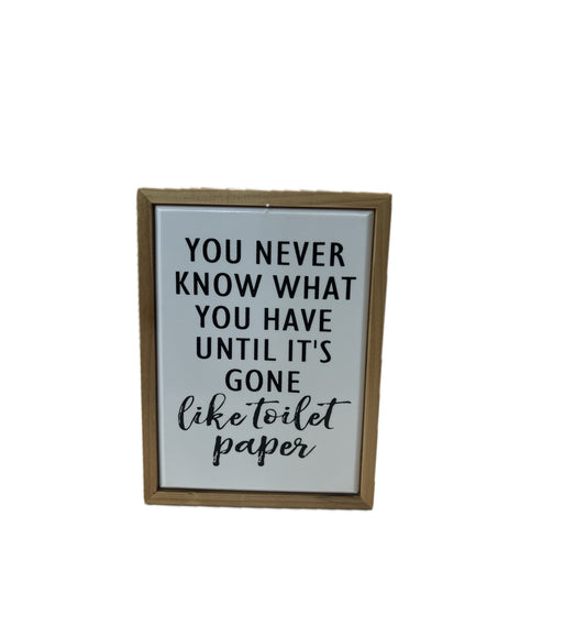 Wood Framed Faux Enamel Tabletop Bathroom Humor Sign