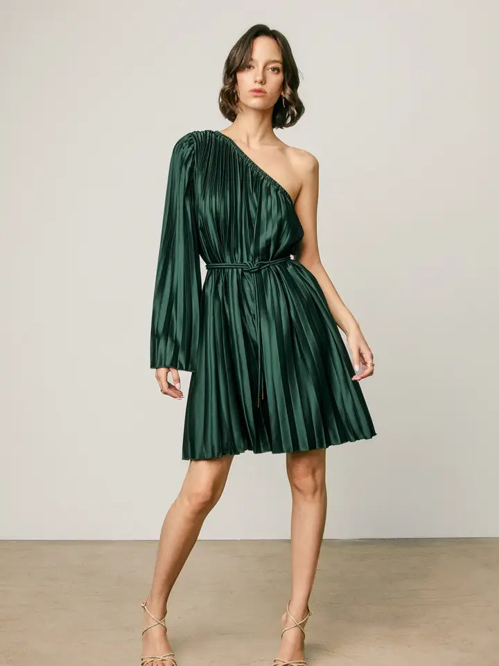 One Shoulder Pleated Satin Mini Dress