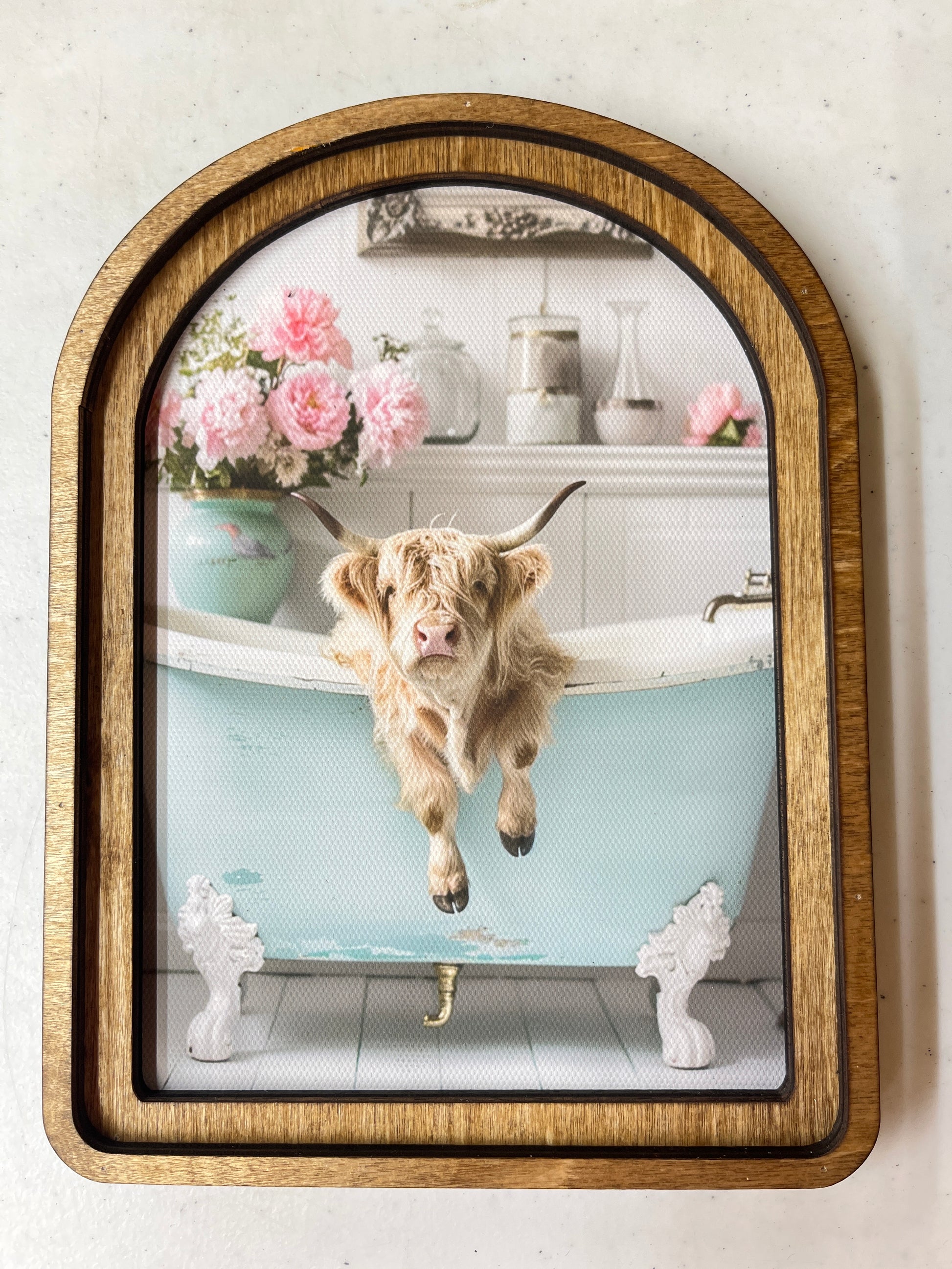Arch Top Highland Cow in Aqua Tub Framed Art