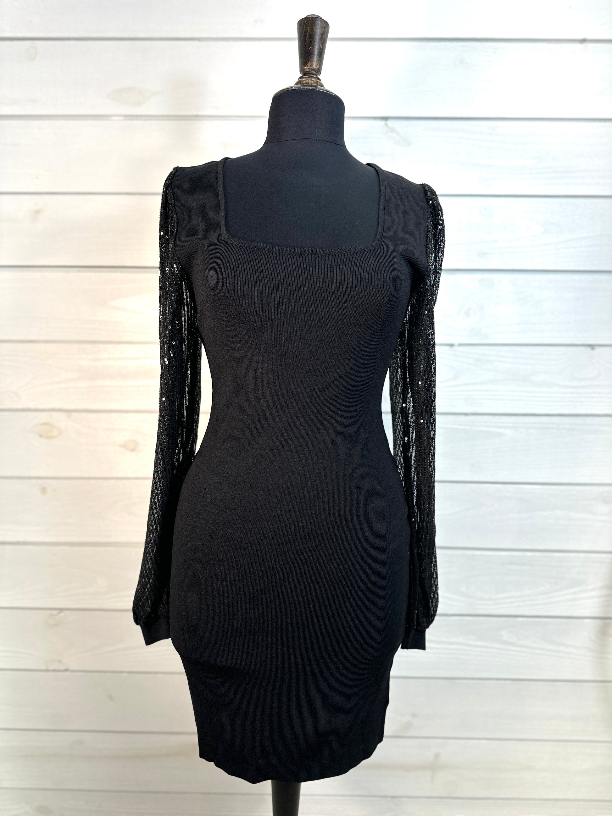 Black Square Neck Sequin Sleeve Mini Dress - L Black Square Neck Sequin Sleeve Mini Dress - L