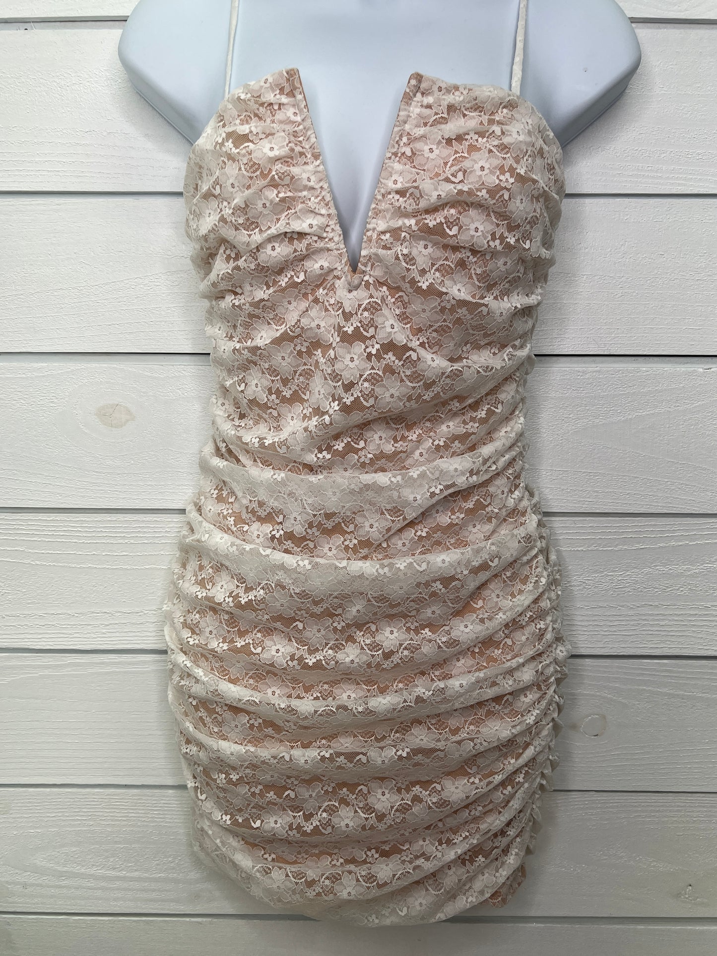 White Wire V Strappy Lace Dress With Ruching