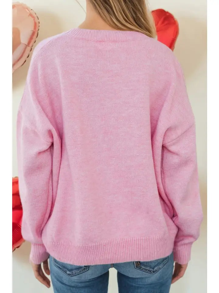 Pink Corded Love Script Baggy Sweater