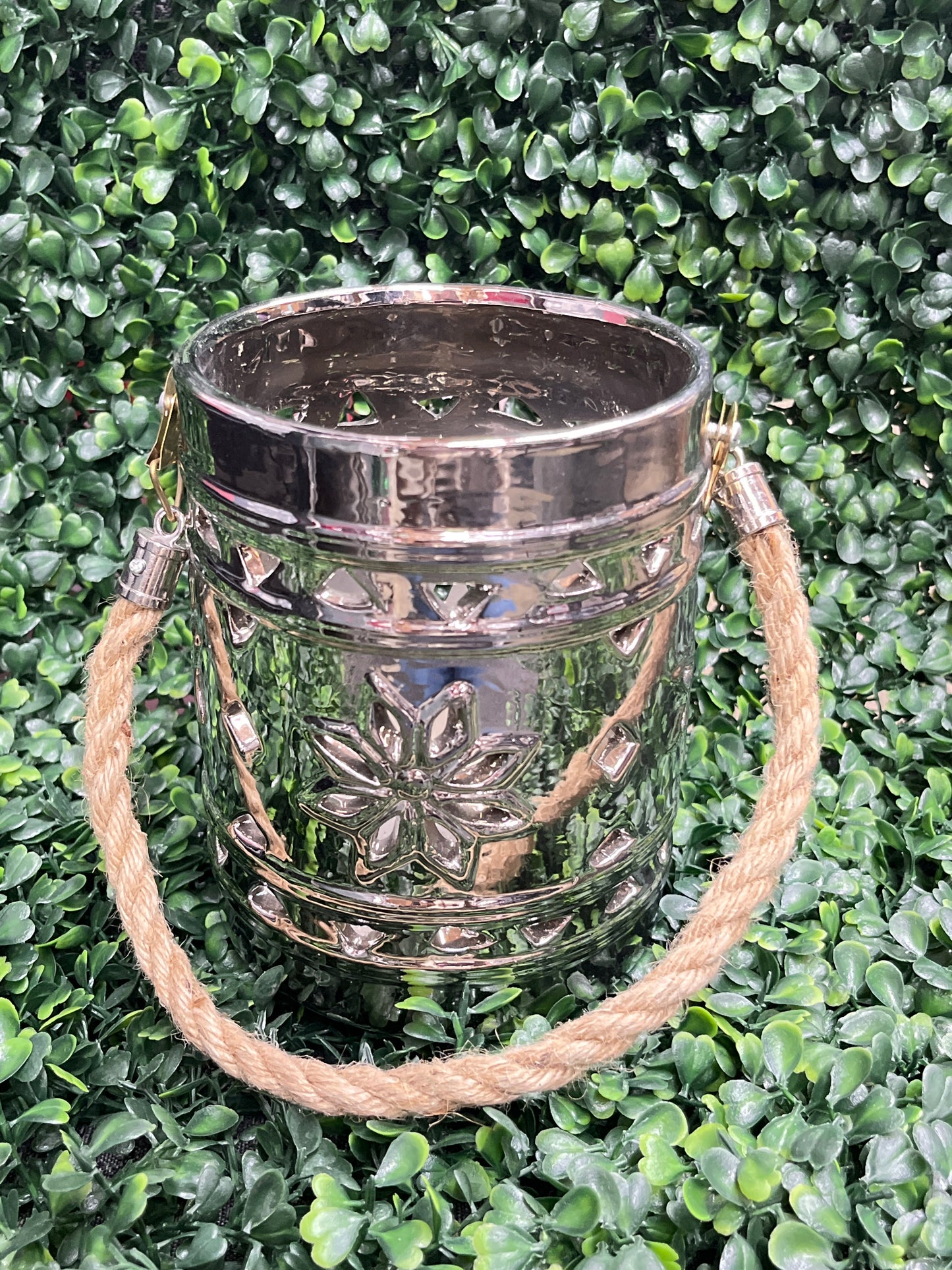 Silver Ceramic Snowflake Candle Holder/Rope Handle