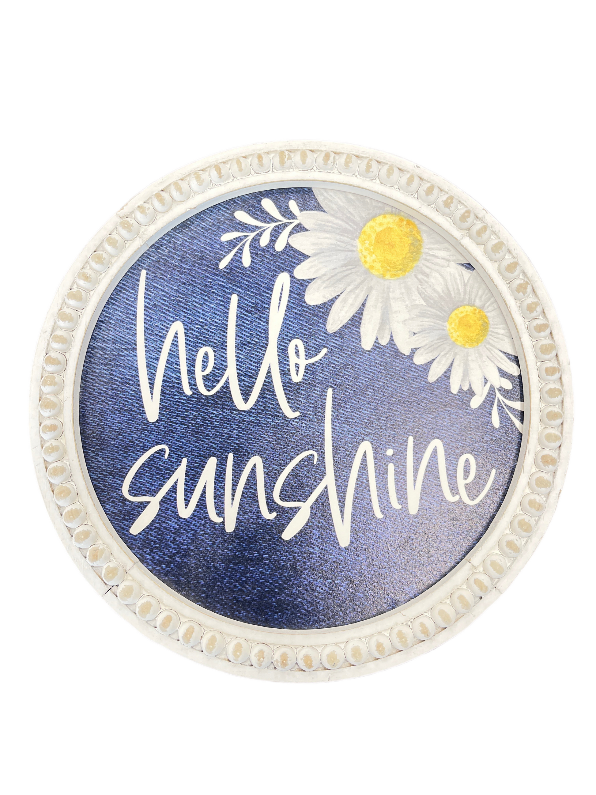 Hello Sunshine Denim Daisy Round White Raised Bead Plaque