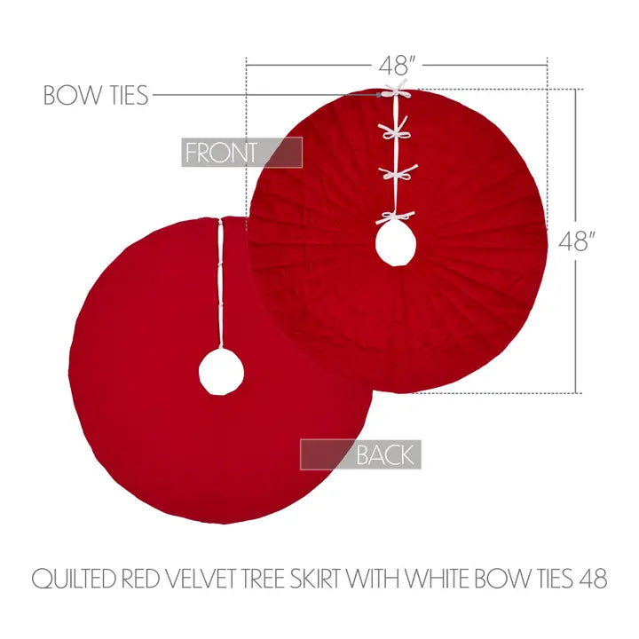 Quilted Red Velvet Tree Skirt with White Bow Ties