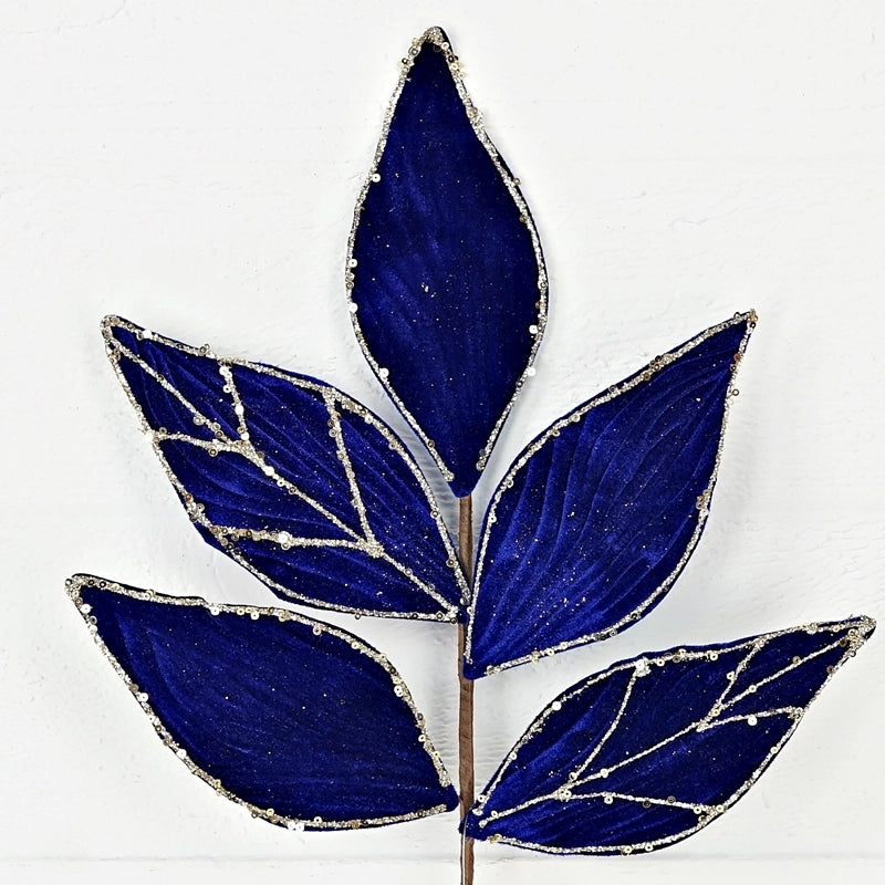 Royal Blue Elegant Velvet Magnolia Leaf Spray
