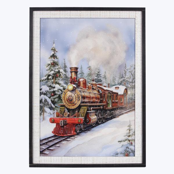 Wood Framed Winter Train Picture On Canvas With LED