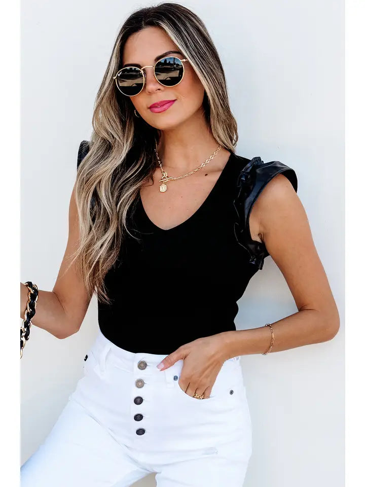 Leatherette Ruffle Patchwork Ribbed V Neck Bodysuit