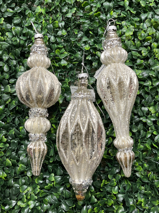 Glass Silver Finial Ornament With Glitter And Sequin Accent 3 Assorted Styles