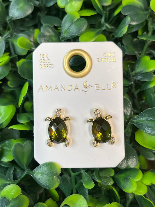 Gold Green Turtle Cubic Zirconia Earrings