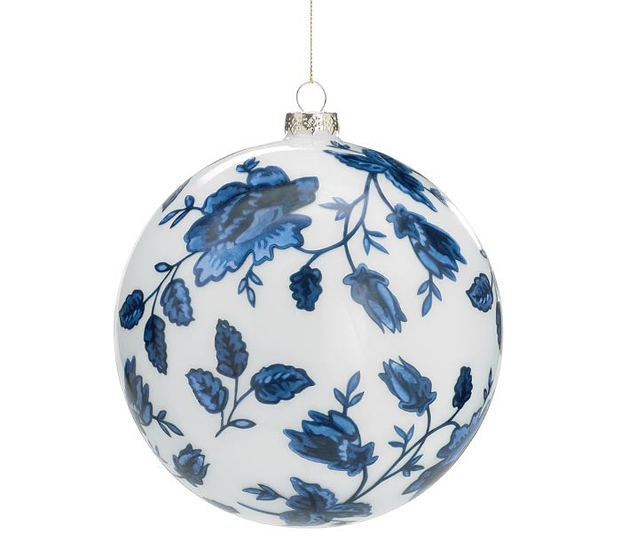 Round White Glass Ornament With Blue Floral