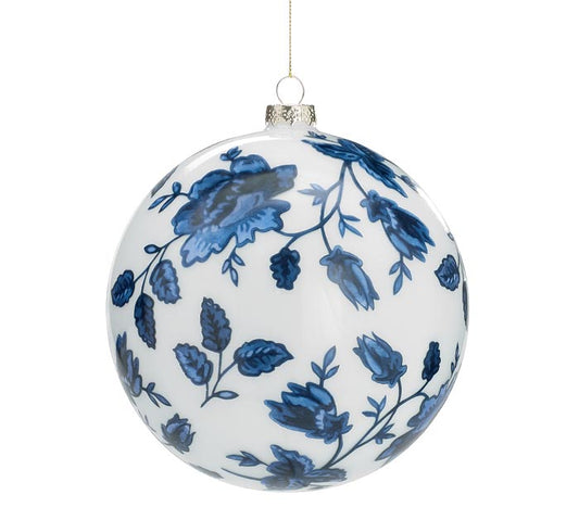 Round White Glass Ornament With Blue Floral