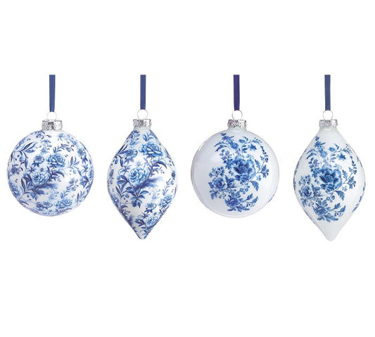 White Glass Ornament With Blue Floral Pattern