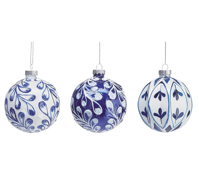 Assorted Blue & White Glass Round Ornaments
