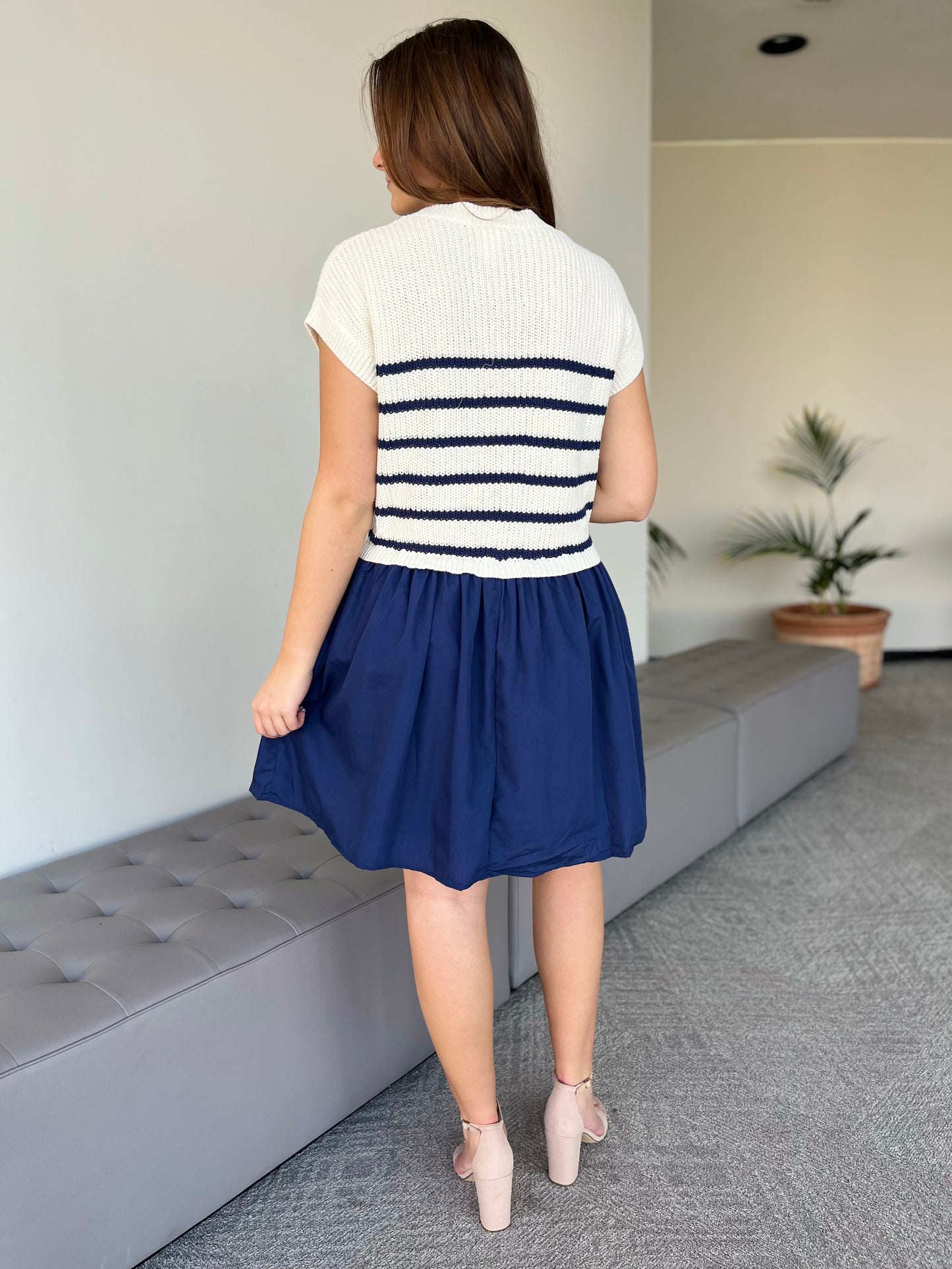 Sweater Top Dress With Navy Skirt & Stripes
