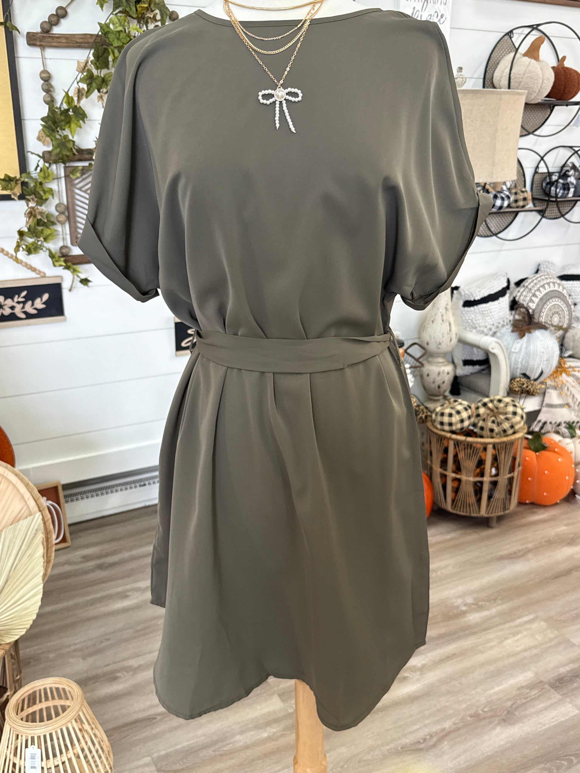 Olive Round Neck Cuffed Sleeve Tie Waist Dress