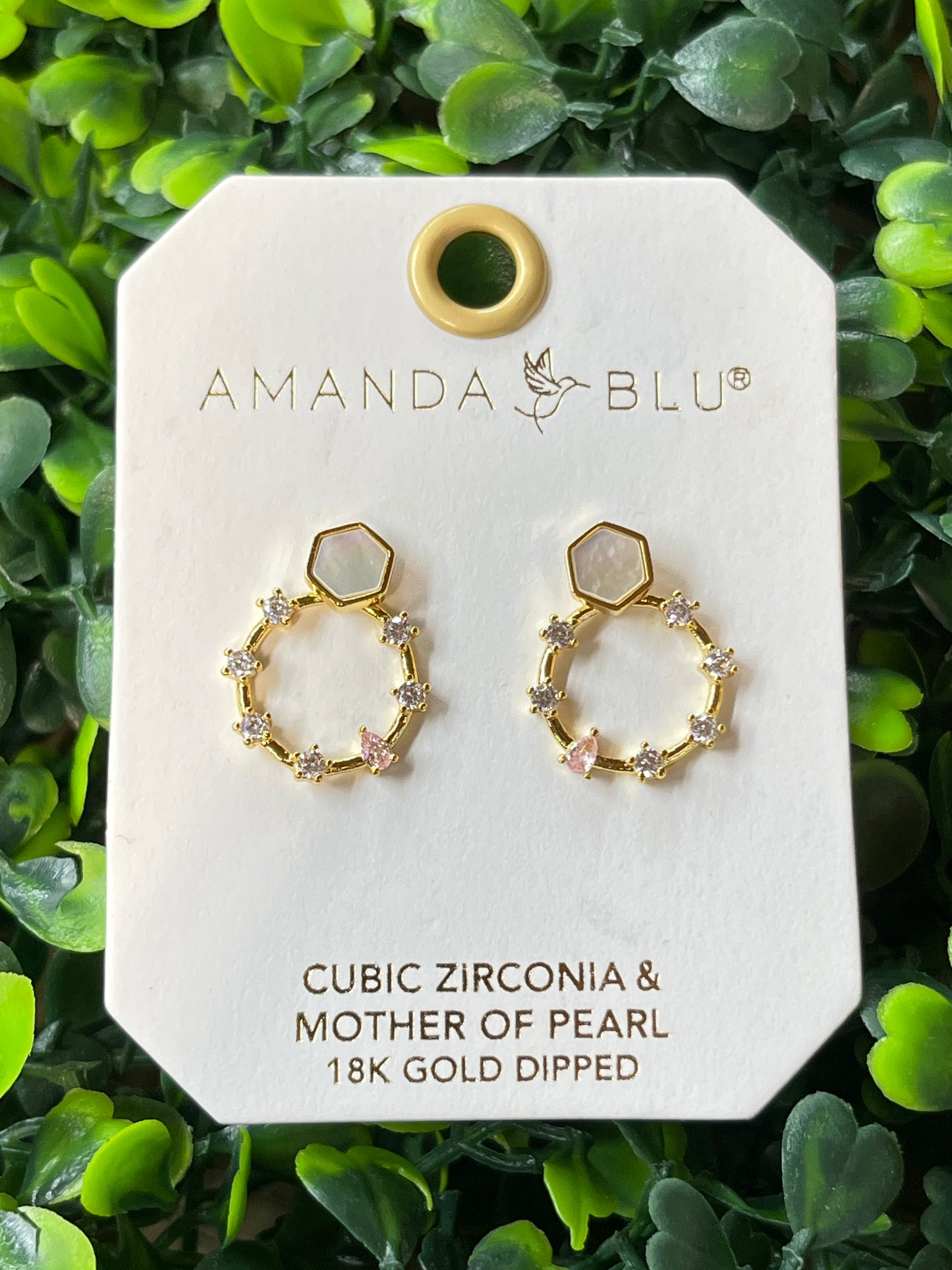 Gold Cubic Zirconia & Mother Of Pearl Flat Disk Earrings