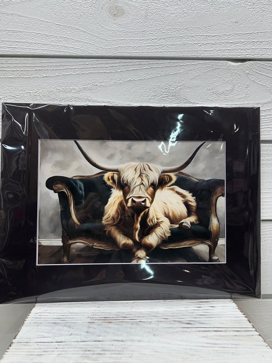 Highland Cow Couch Matted Canvas Art