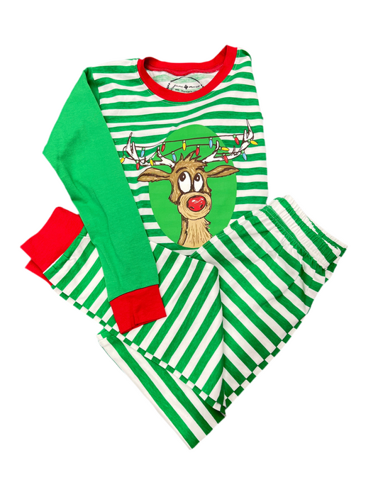 Festive Rudolph Green Stripe Kids Pajamas